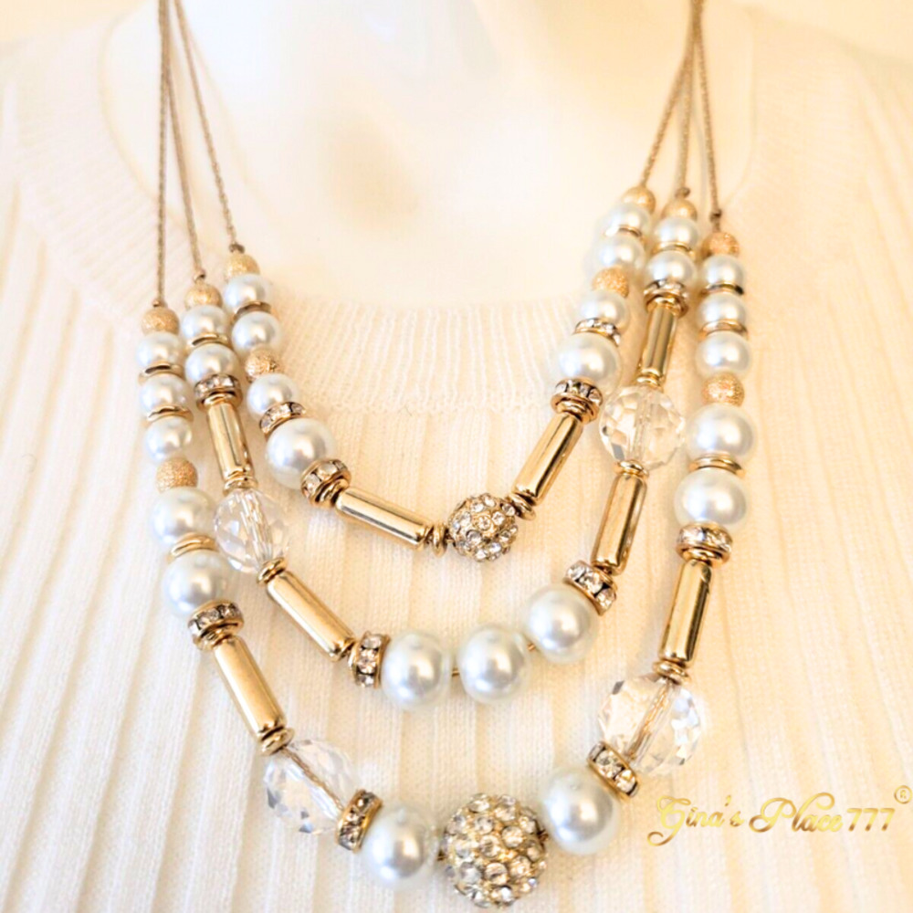 Ladies I.N.C. Gold-Tone Crystal/Faux Pearl Triple Row Necklace,18"+ 3" Extender